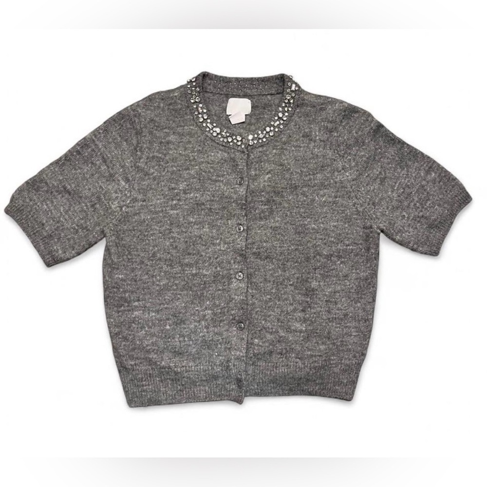 H&M Gray Cardigan with Embellished Neckline Wool Blend Short Sleeves Size Small